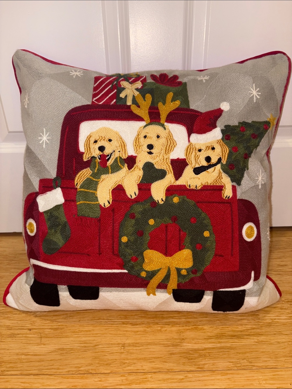 Rachel Ashwell Holiday Golden Retrievers on a Truck Decorative Pillow - 20”x20”